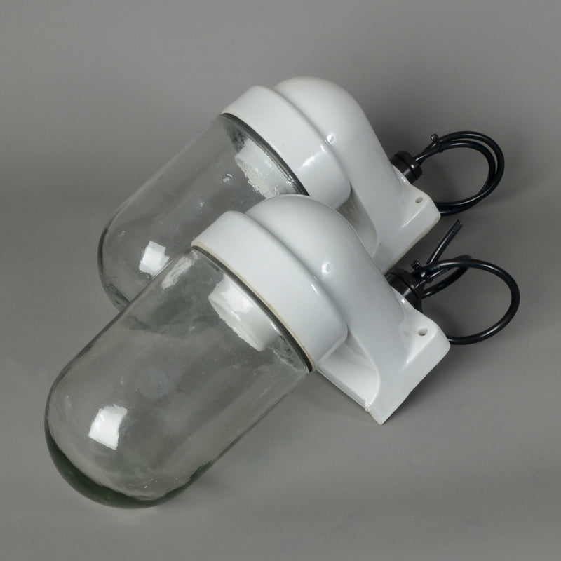Pair of vintage ceramic wall lights with white glazed bodies