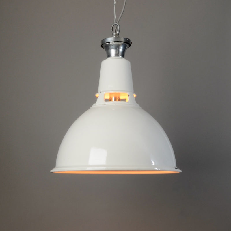 Close-up of the enamel finish on the vintage Dunlop pendant light