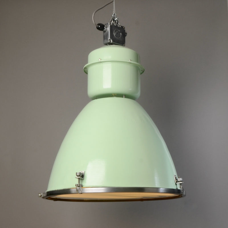 Close-up of the mint green enamel shade on the Czech sawmill pendant MK II
