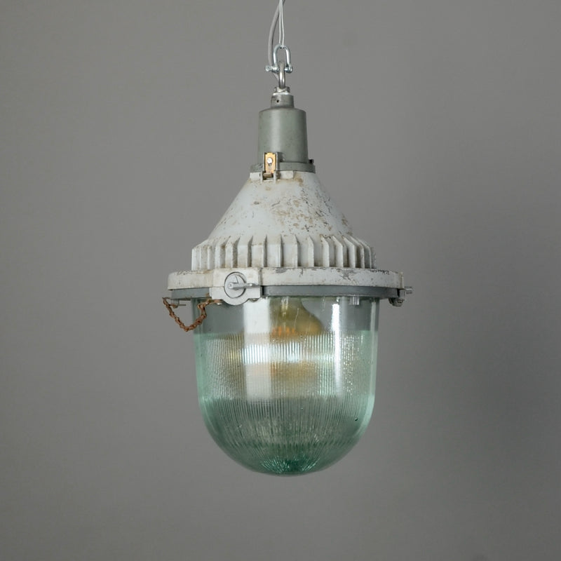 Industrial Soviet pendant light MK III with enamel shade and metal fittings